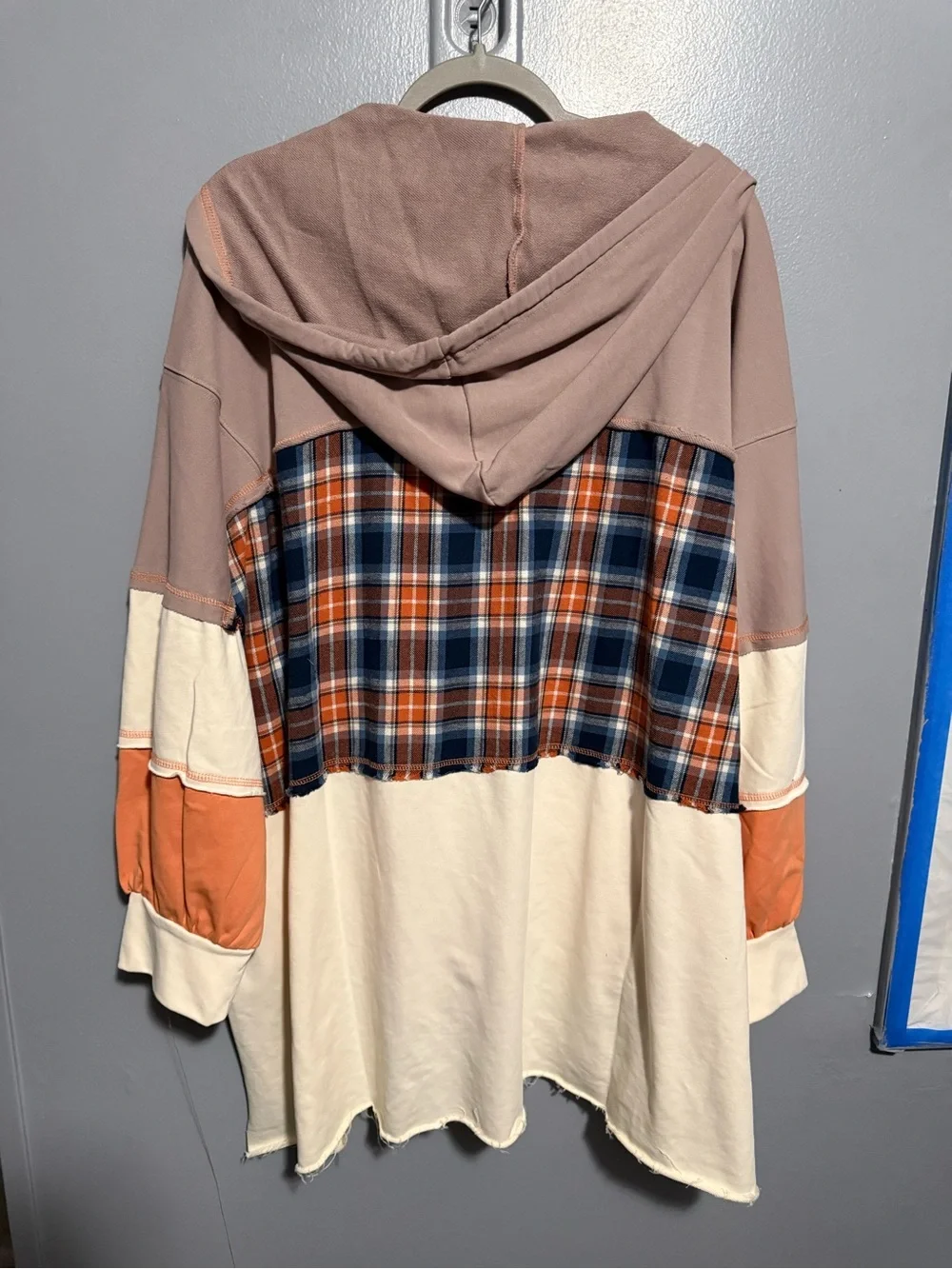 Blue Velvet Plaid Hooded Pullover Top - Orange & Cream XL Oversized